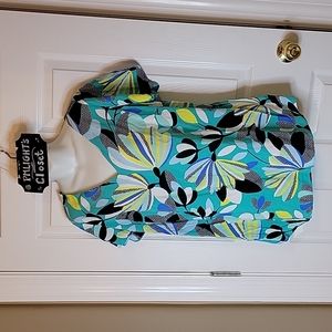 Kaari Blue Curvy Top 1X Blue Black Green Teal Short Sleeve Floral